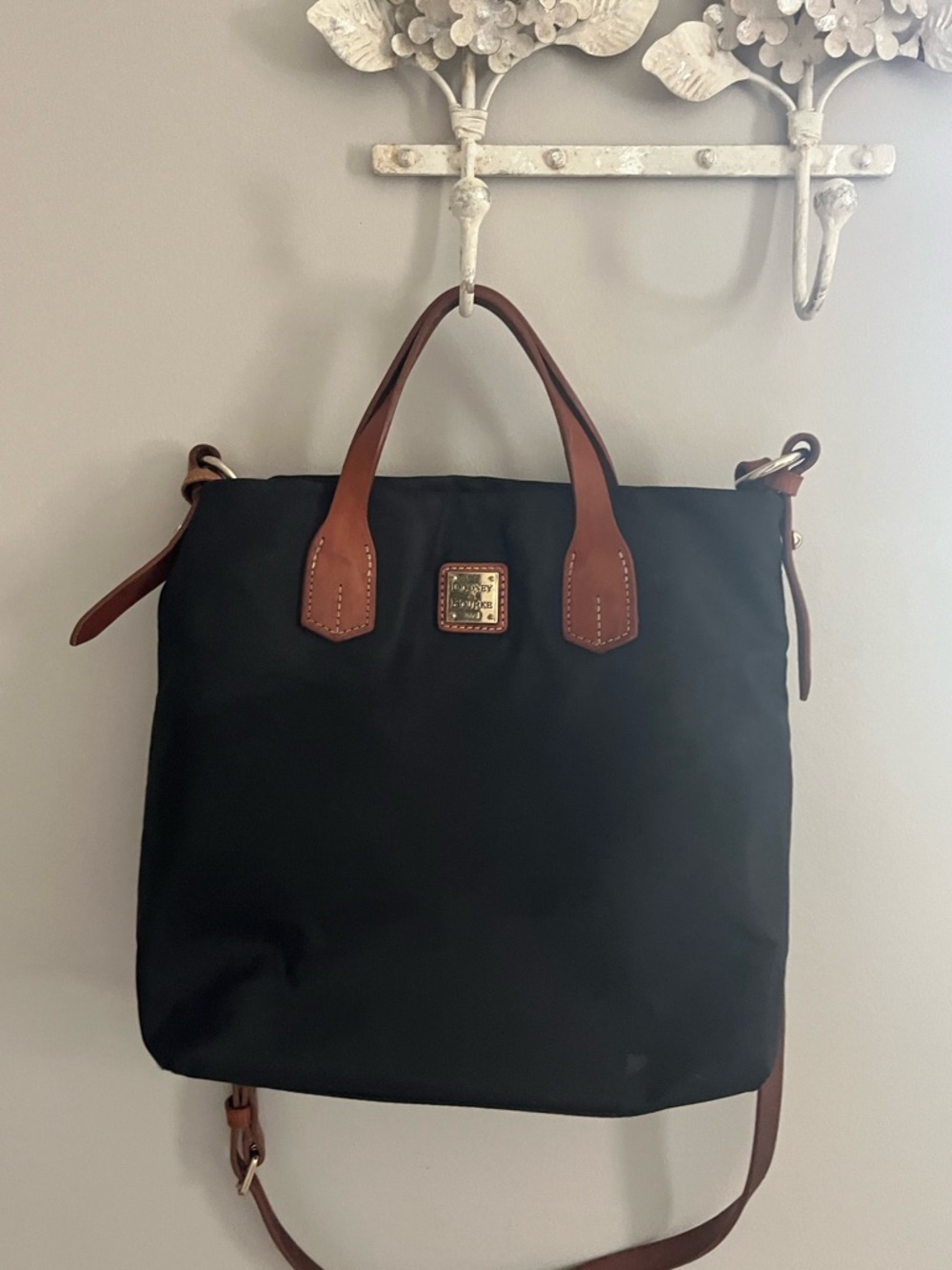 Dooney & Bourke Black Nylon Tote with Brown Leather Trim and straps